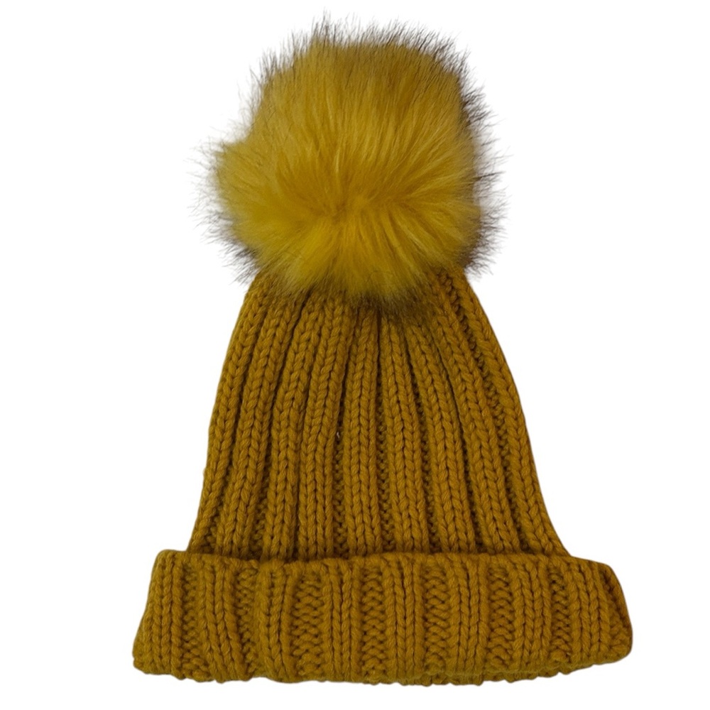 Mustard Yellow Knit Beanie with Faux Fur Pom Chunky Ribbed Winter Hat